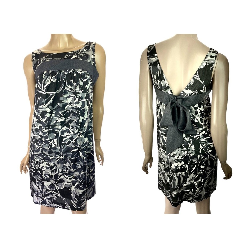 Trina Turk Sz 4 Shift Dress Gray/White/Black Abstract Sleeveless Large Back Bow